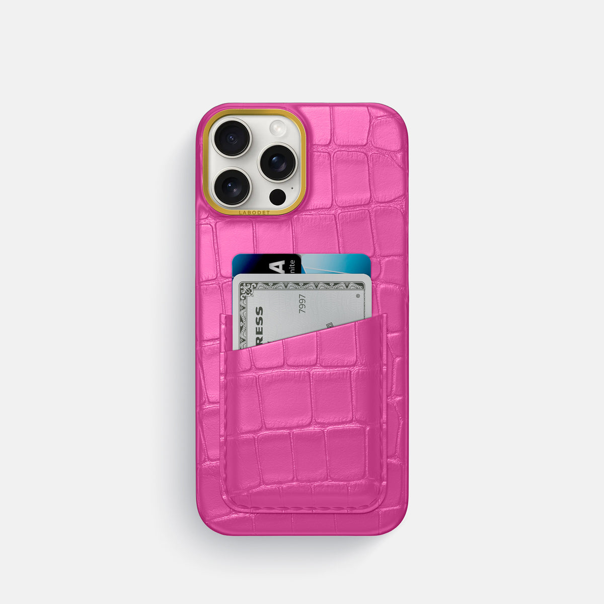Fuchsia iPhone 16 Pro Double Card In Alligator with Gold Metal -1 | Fuchsia-Gold