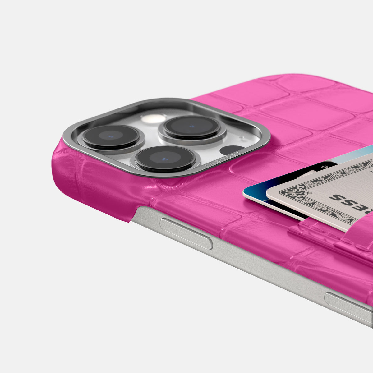 Fuchsia iPhone 16 Pro Card Case Alligator with Steel Metal -5 | Fuchsia-Steel