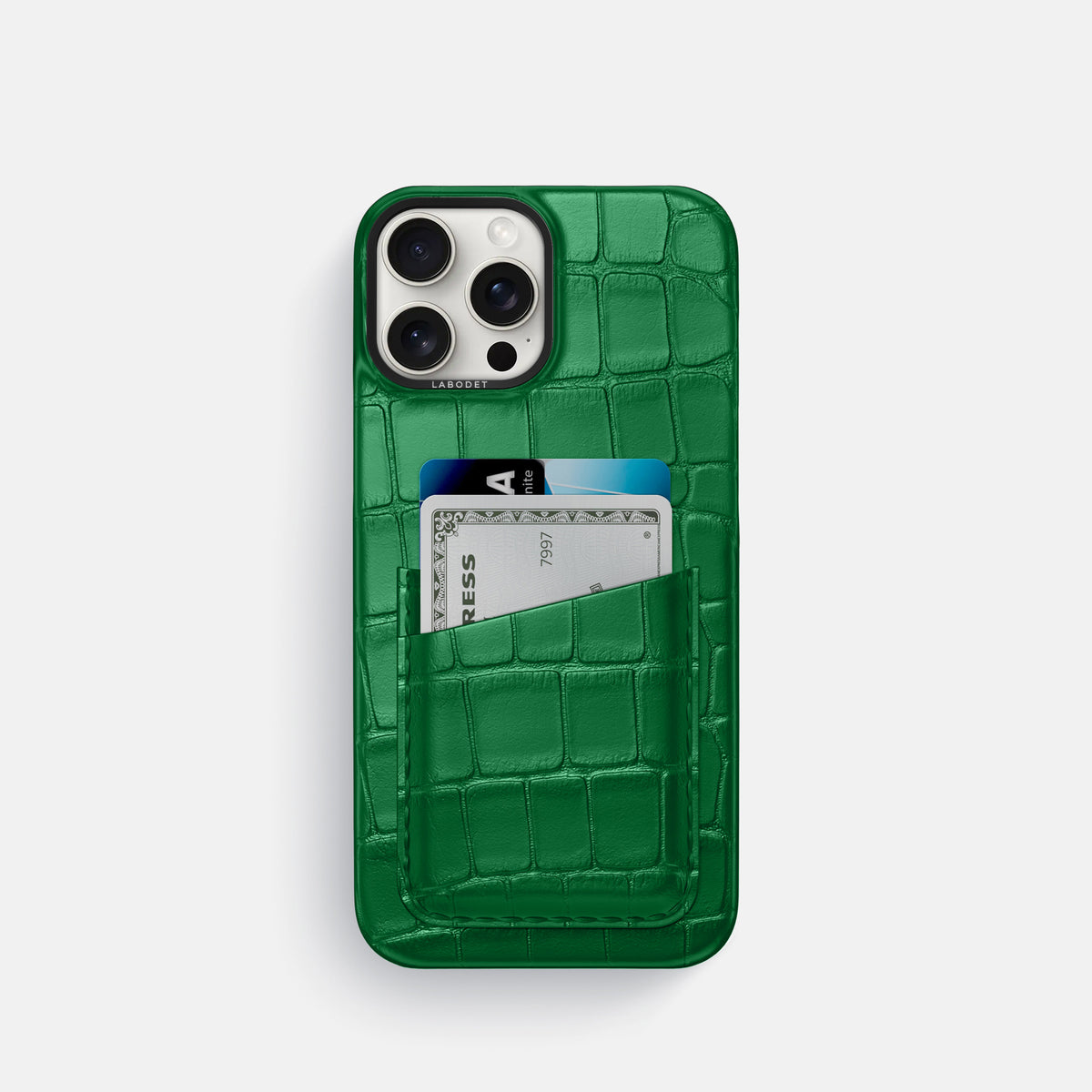 Forest-Green iPhone 16 Pro Double Card In Alligator with Black Metal -1 | Forest-Green-Black