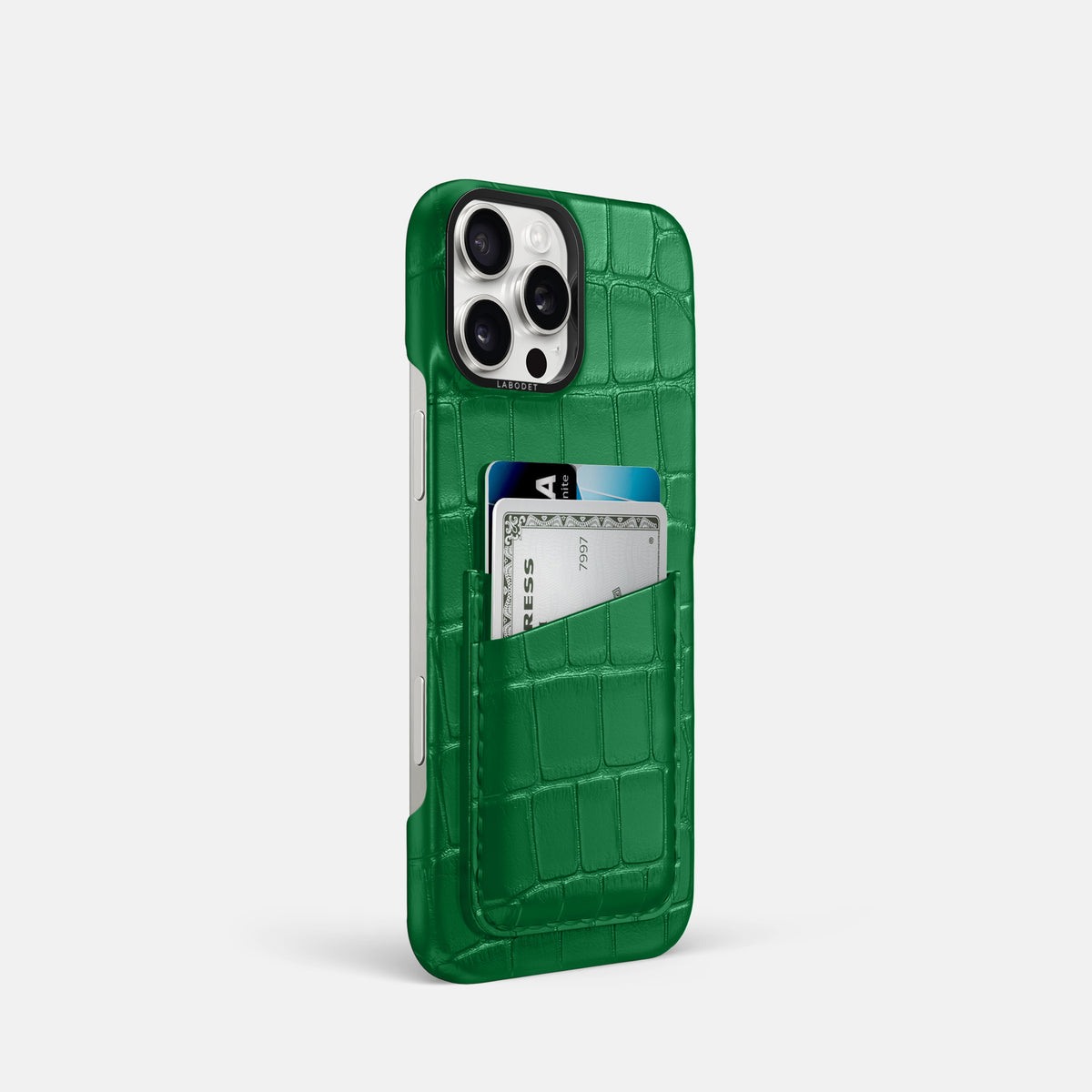 Forest-Green iPhone 16 Pro Double Card In Alligator with Black Metal -2 | Forest-Green-Black