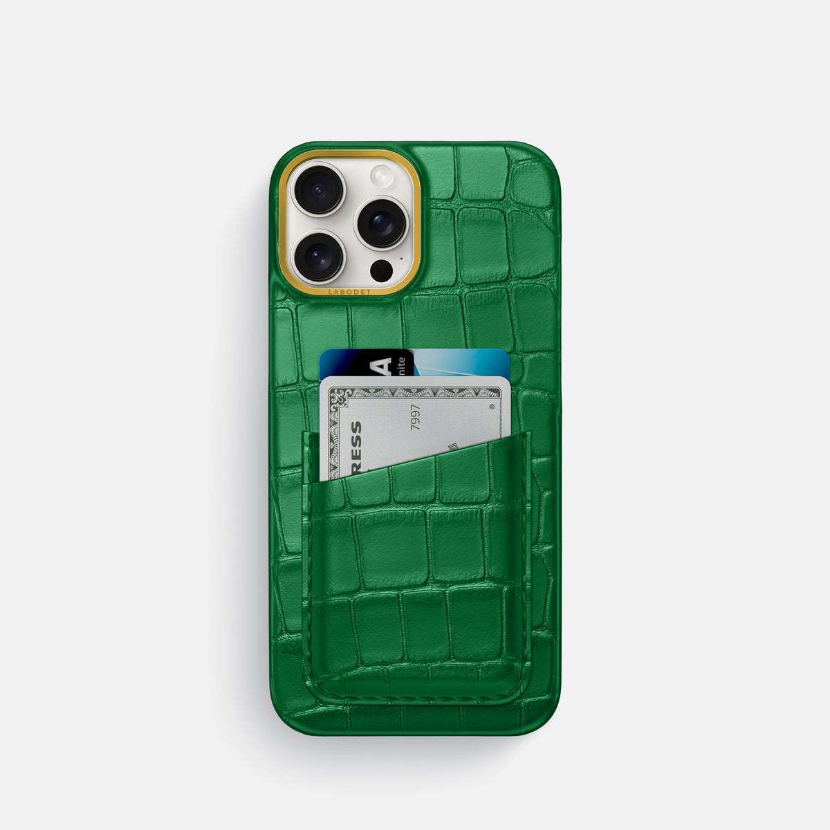 Forest-Green iPhone 16 Pro Double Card In Alligator with Gold Metal -1 | Forest-Green-Gold