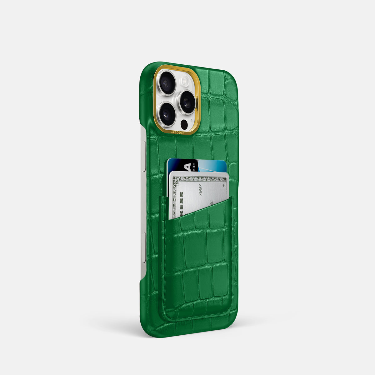 Forest-Green iPhone 16 Pro Double Card In Alligator with Gold Metal -2 | Forest-Green-Gold