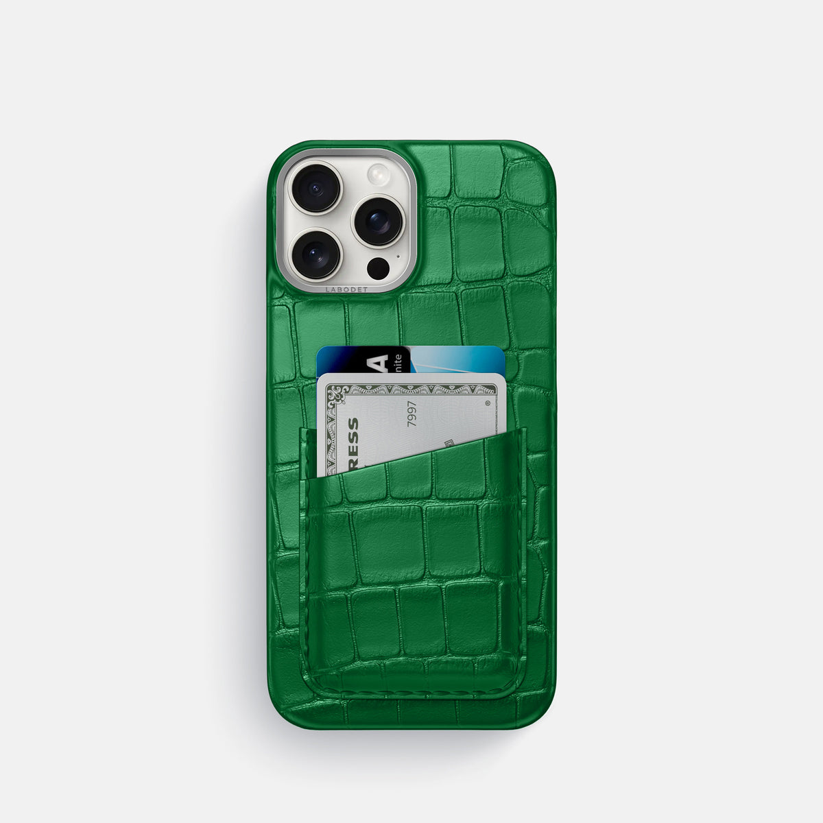 Forest-Green iPhone 16 Pro Double Card In Alligator with Steel Metal -1 | Forest-Green-Steel
