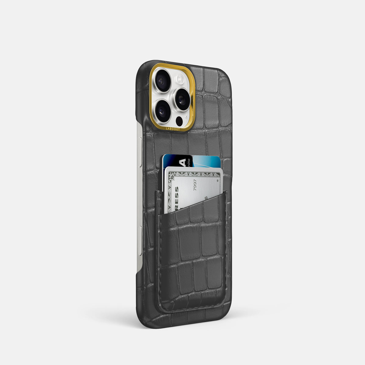Grey iPhone 16 Pro Double Card In Alligator with Gold Metal -2 | Grey-Gold