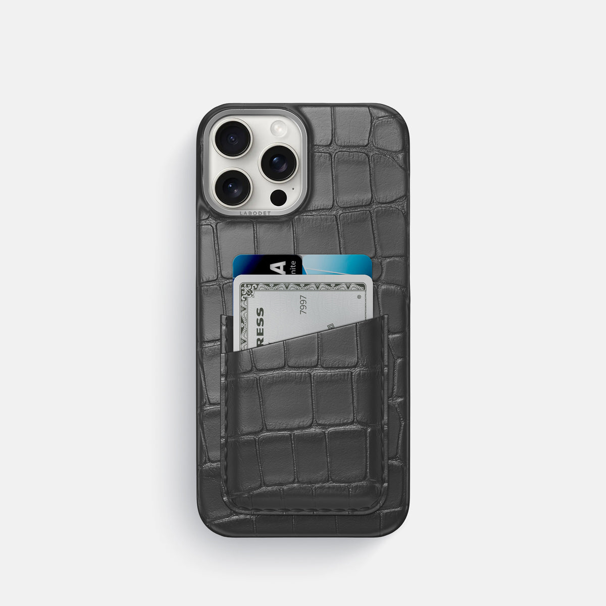 Grey iPhone 16 Pro Card Case Alligator with Steel Metal -1 | Grey-Steel