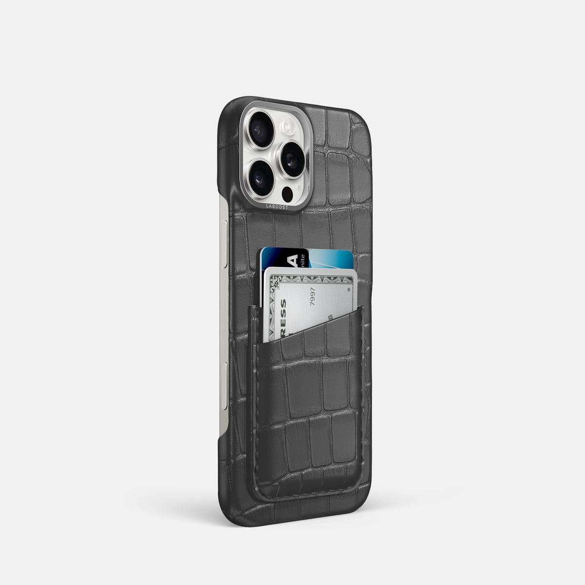 Grey iPhone 16 Pro Card Case Alligator with Steel Metal -2 | Grey-Steel