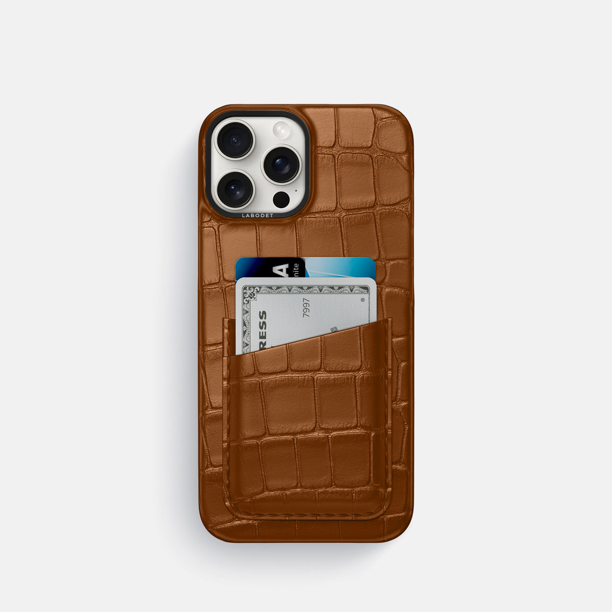 Honey iPhone 16 Pro Card Case Alligator with Black Metal -1 | Honey-Black