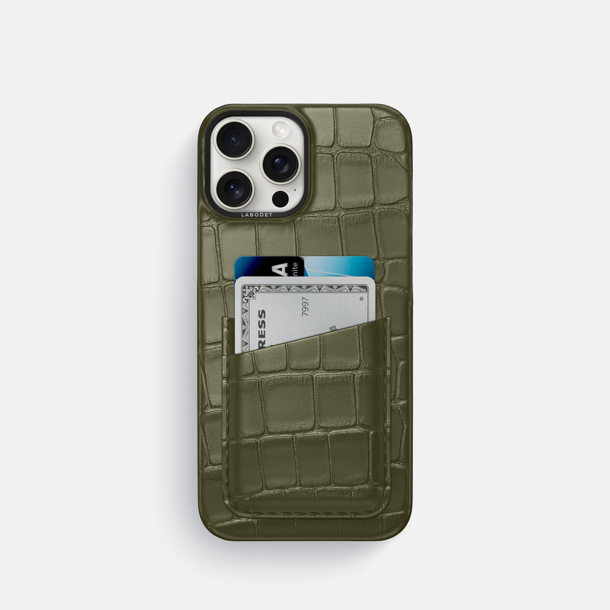 Kaki-Green iPhone 16 Pro Card Case Alligator with Black Metal -1 | Kaki-Green-Black
