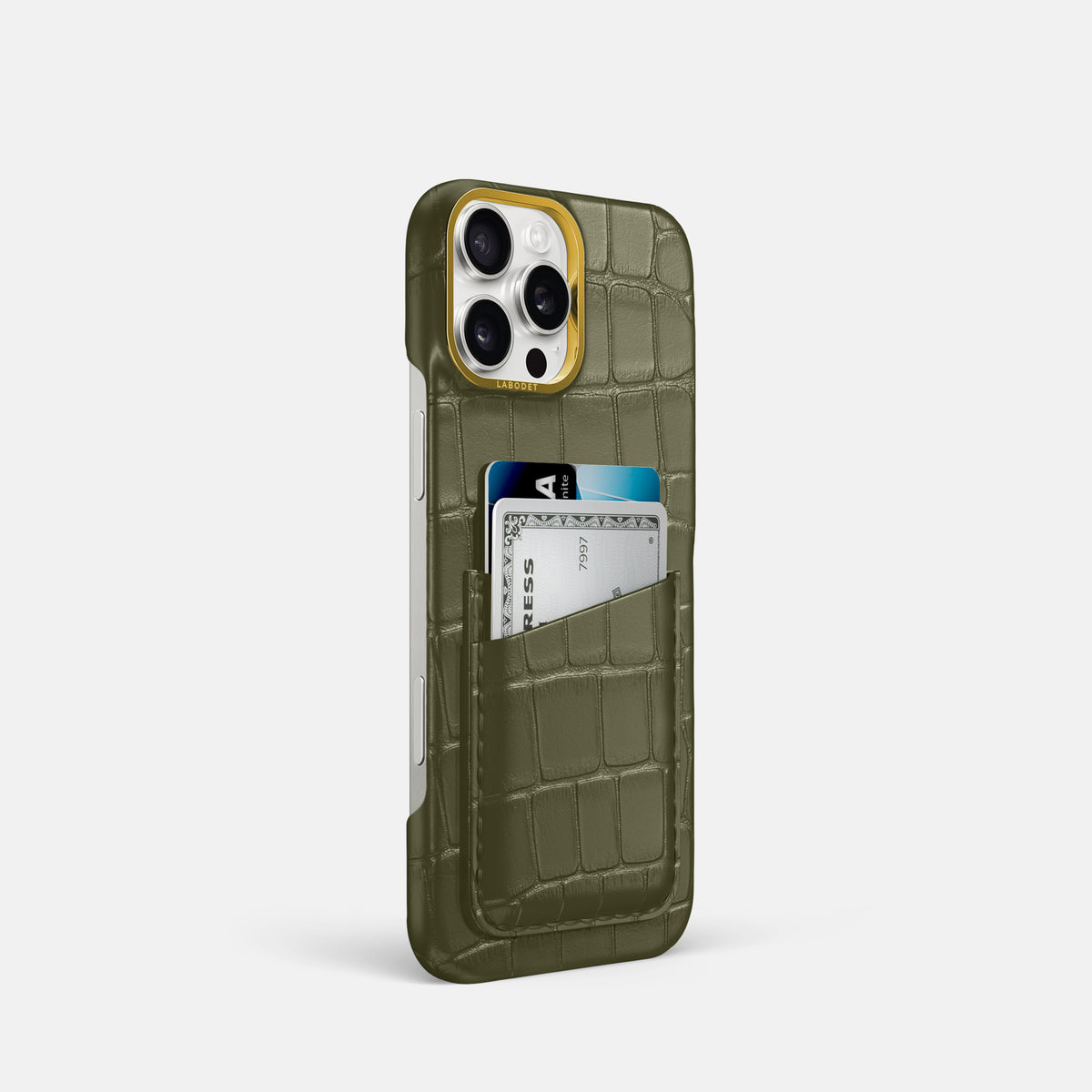 Kaki-Green iPhone 16 Pro Double Card In Alligator with Gold Metal -2 | Kaki-Green-Gold