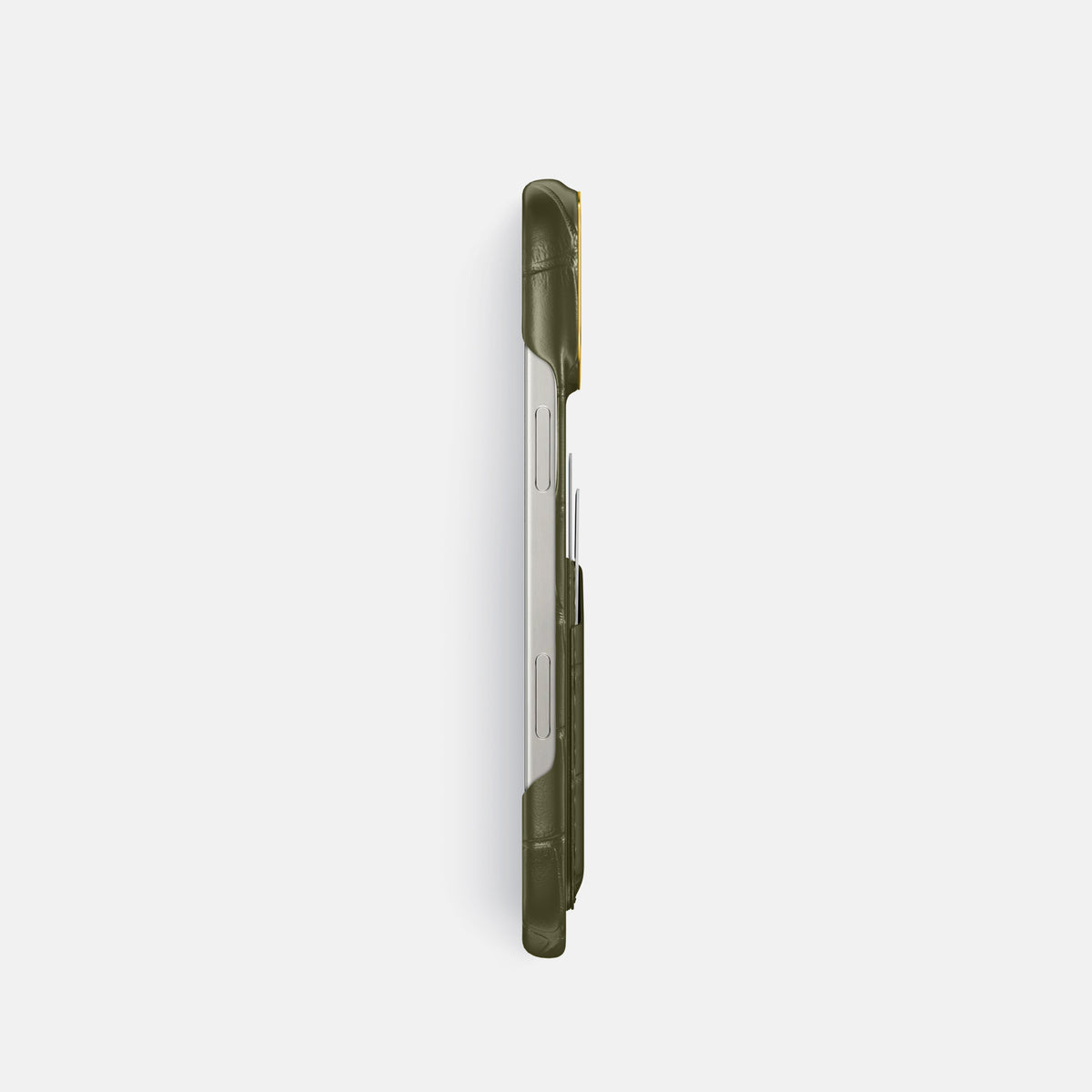Kaki-Green iPhone 16 Pro Double Card In Alligator with Gold Metal -3 | Kaki-Green-Gold