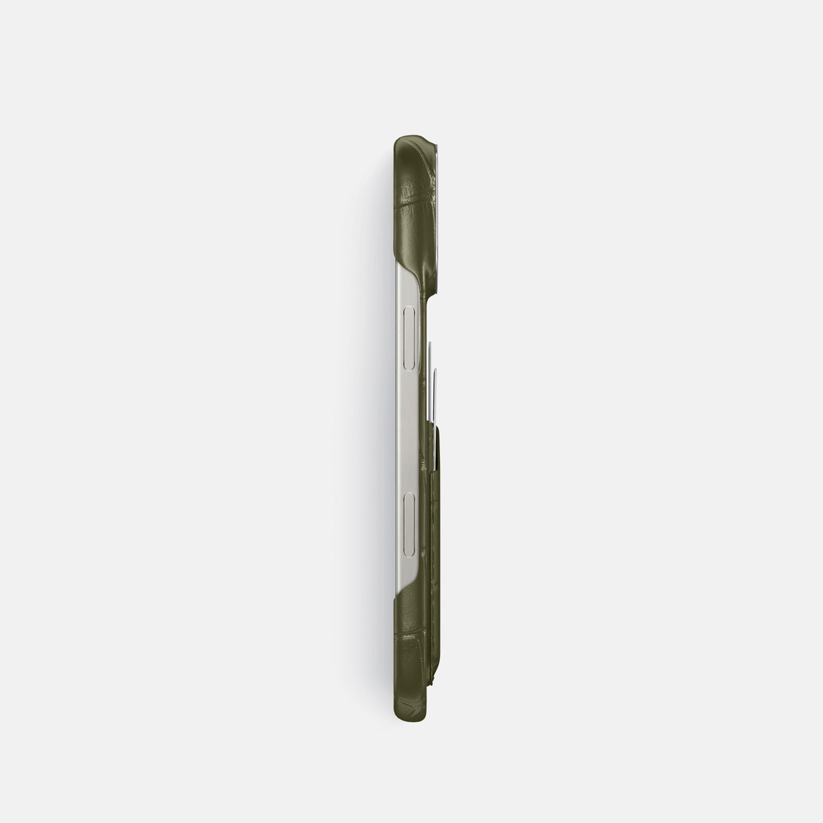 Kaki-Green iPhone 16 Pro Card Case Alligator with Steel Metal -3 | Kaki-Green-Steel