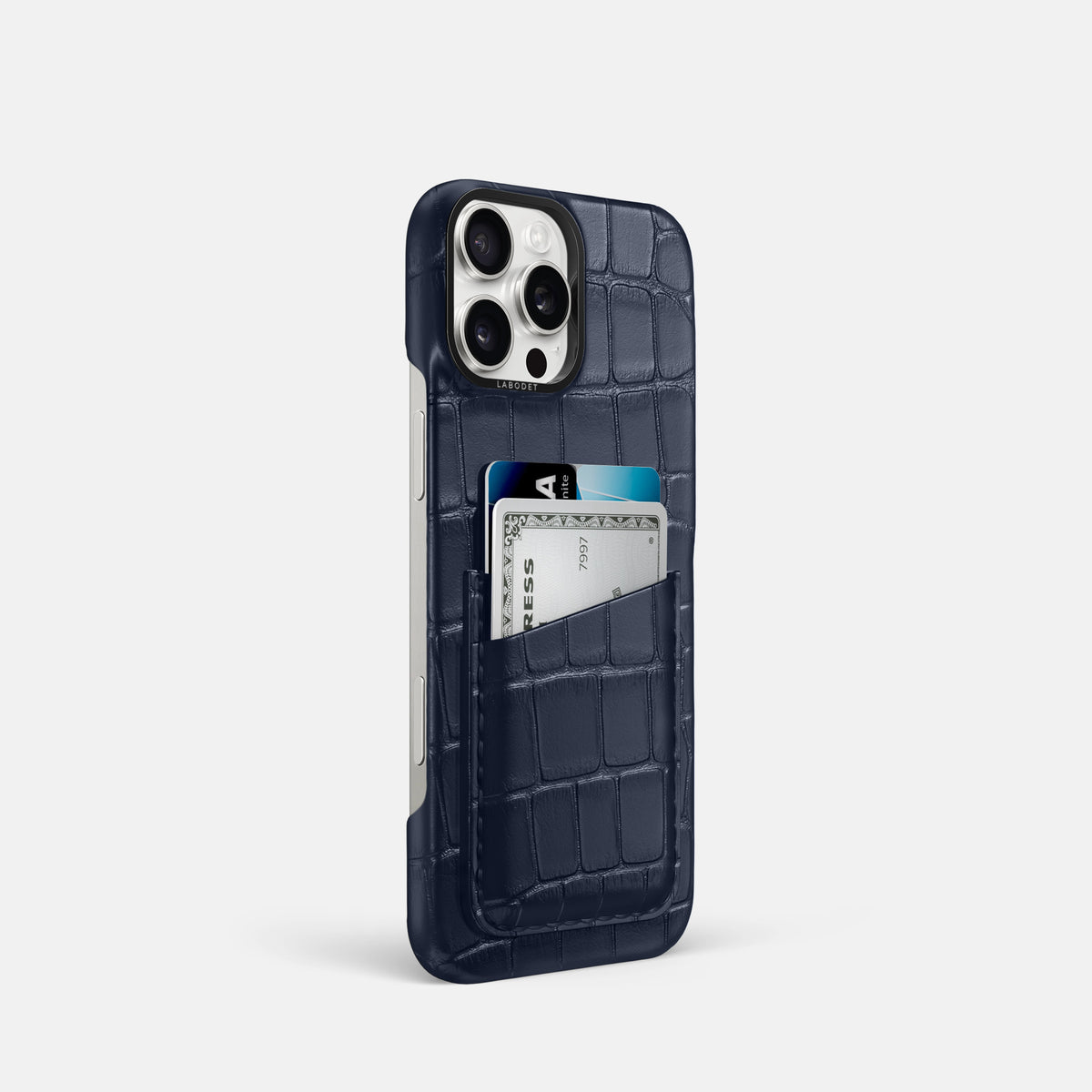 Navy Blue iPhone 16 Pro Card Case Alligator with Black Metal -2 | Navy-Blue-Black