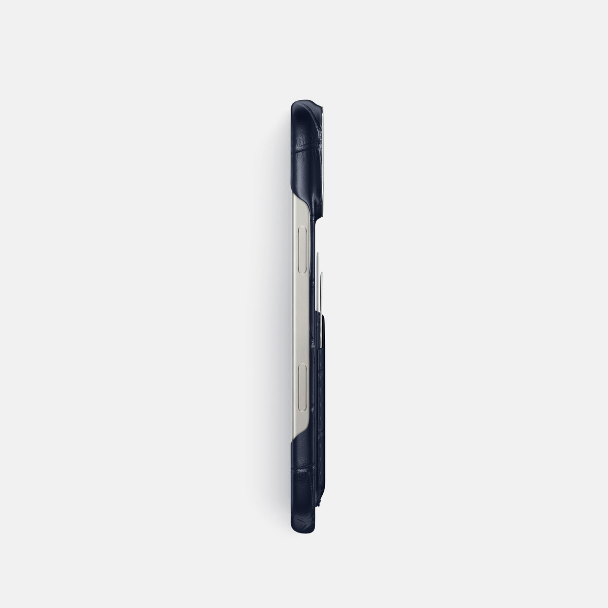 Navy Blue iPhone 16 Pro Card Case Alligator with Steel Metal -3 | Navy-Blue-Steel