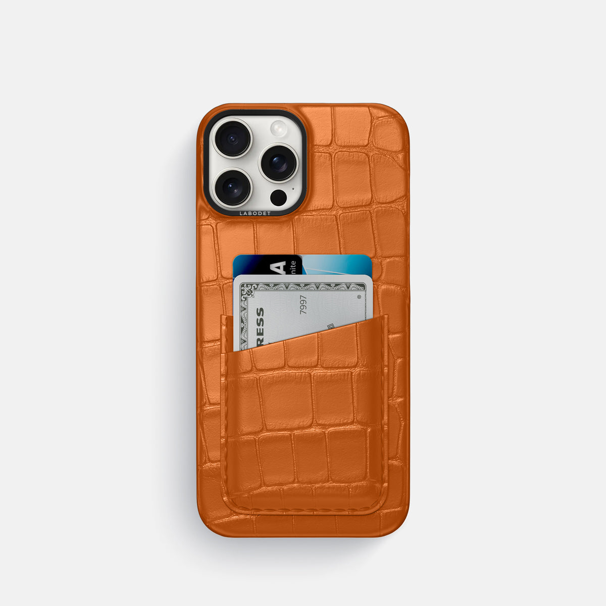 Orange iPhone 16 Pro Card Case Alligator with Black Metal -1 | Orange-Black