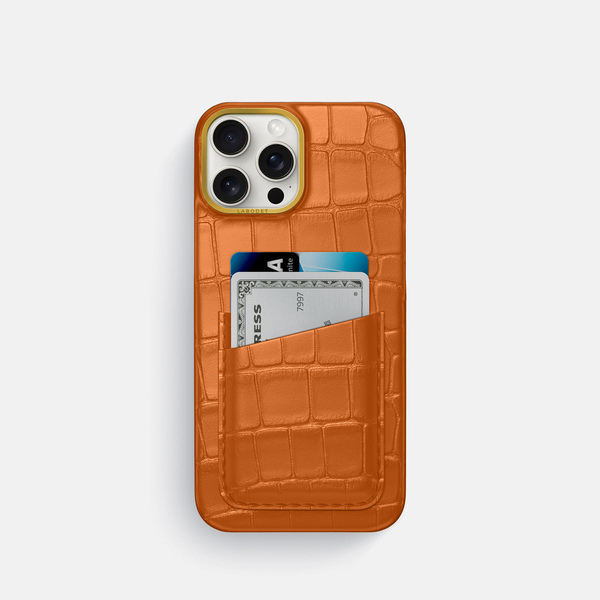 Orange iPhone 16 Pro Double Card In Alligator with Gold Metal -1 | Orange-Gold