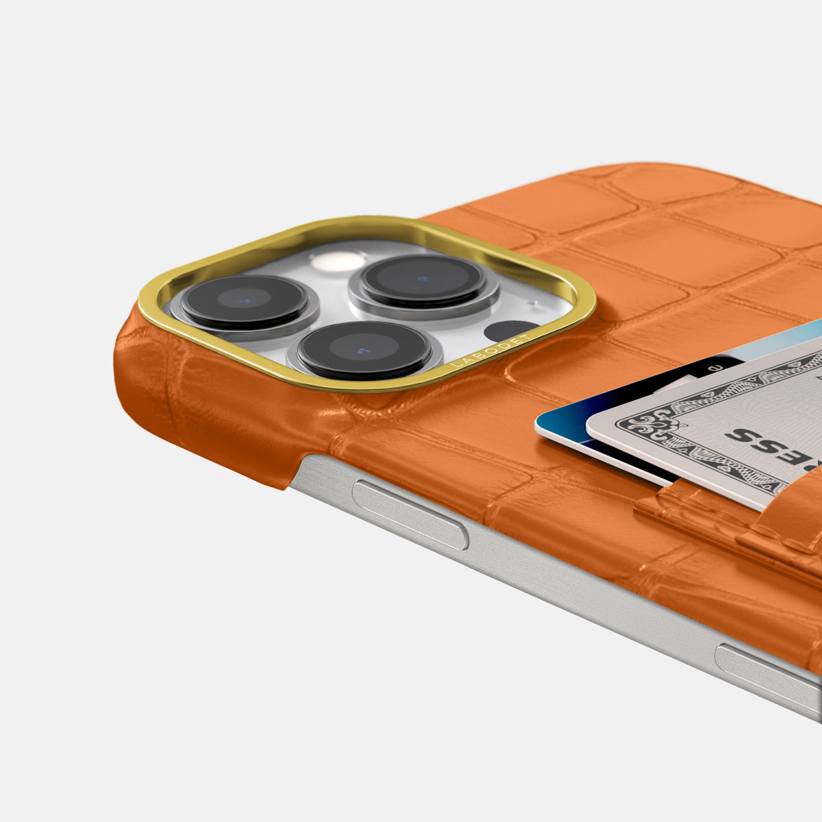 Orange iPhone 16 Pro Double Card In Alligator with Gold Metal -5 | Orange-Gold