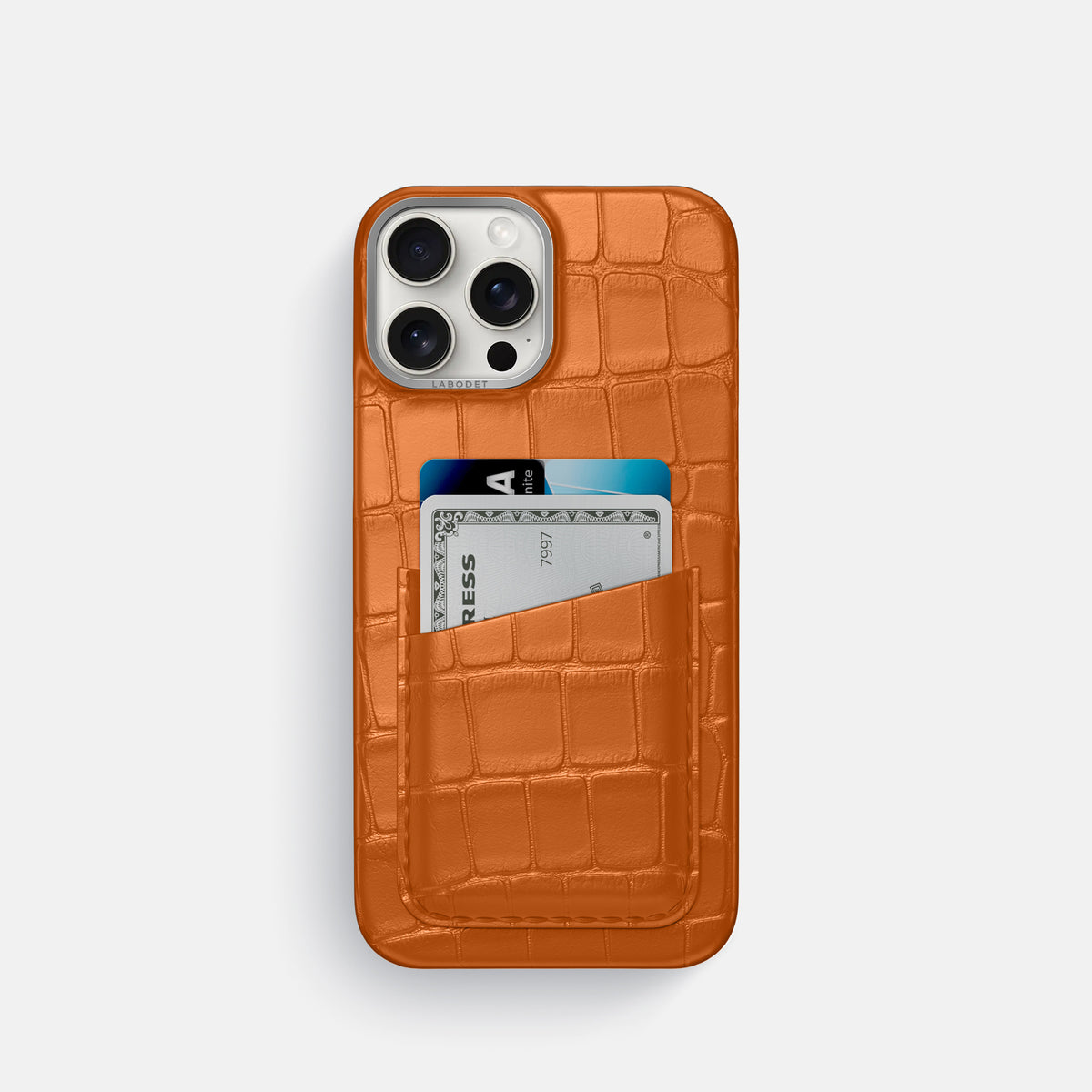 Orange iPhone 16 Pro Card Case Alligator with Steel Metal -1 | Orange-Steel