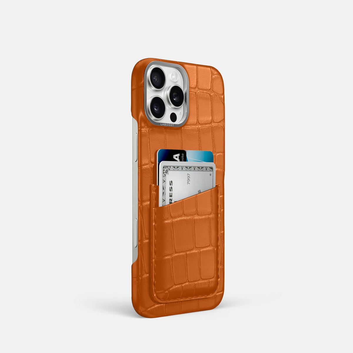 Orange iPhone 16 Pro Card Case Alligator with Steel Metal -2 | Orange-Steel