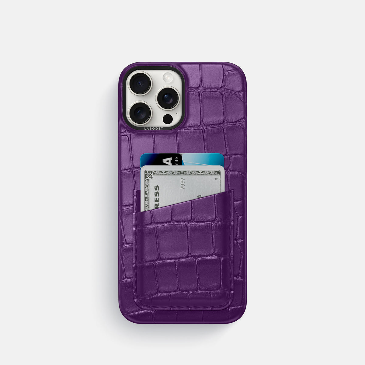 Purple iPhone 16 Pro Card Case Alligator with Black Metal -1 | Purple-Black