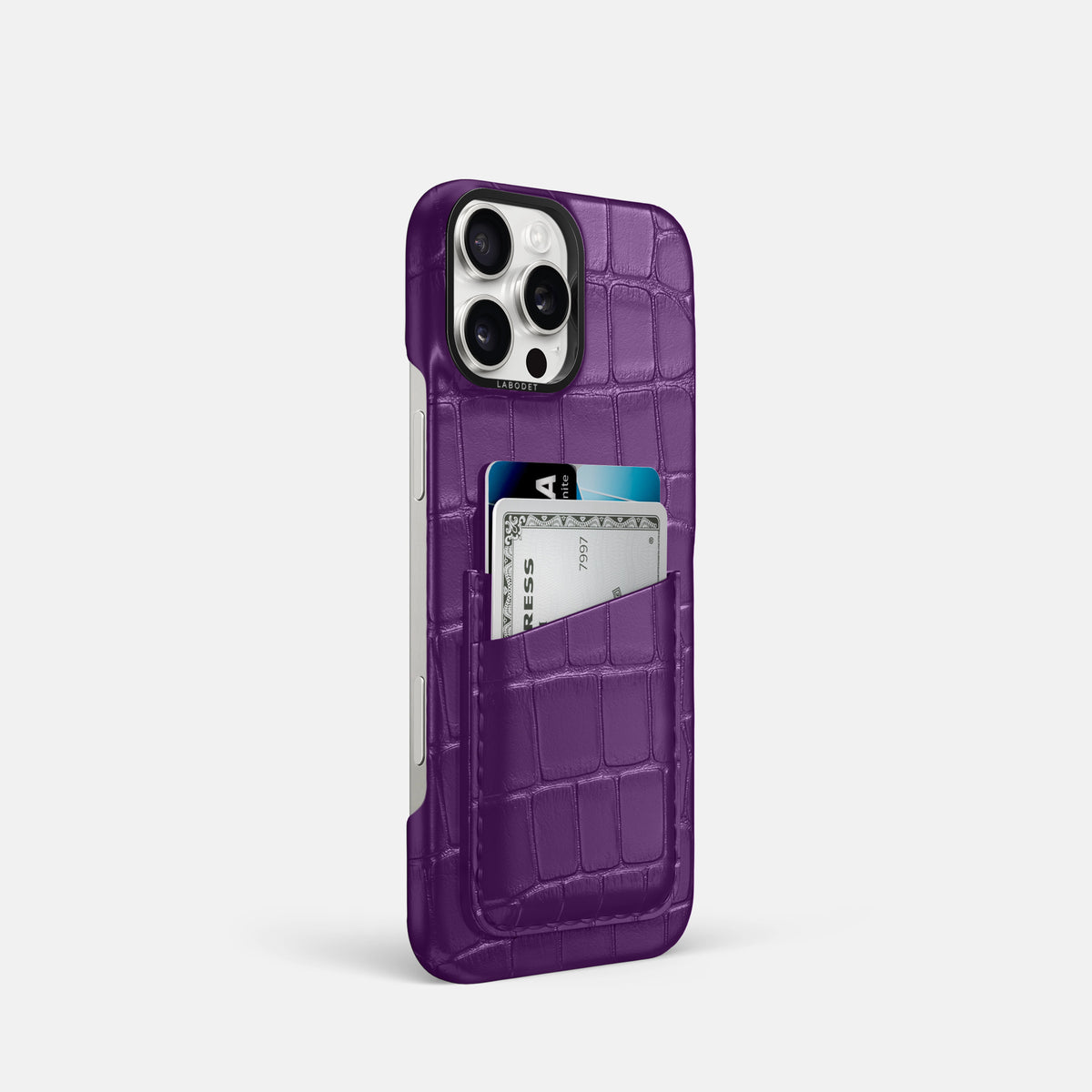 Purple iPhone 16 Pro Card Case Alligator with Black Metal -2 | Purple-Black