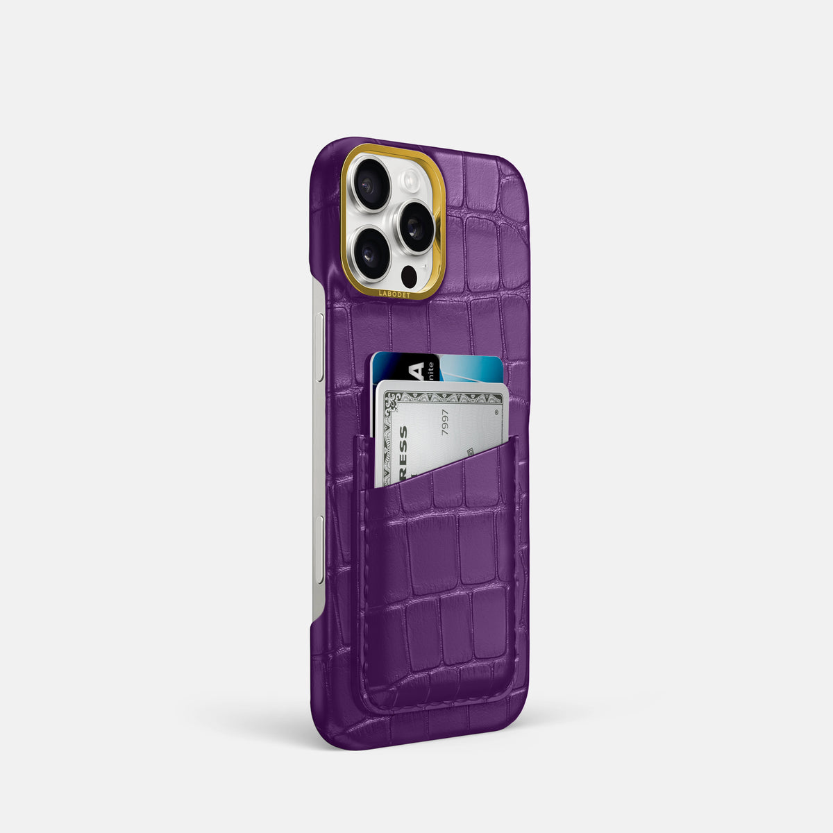 Purple iPhone 16 Pro Double Card In Alligator with Gold Metal -2 | Purple-Gold