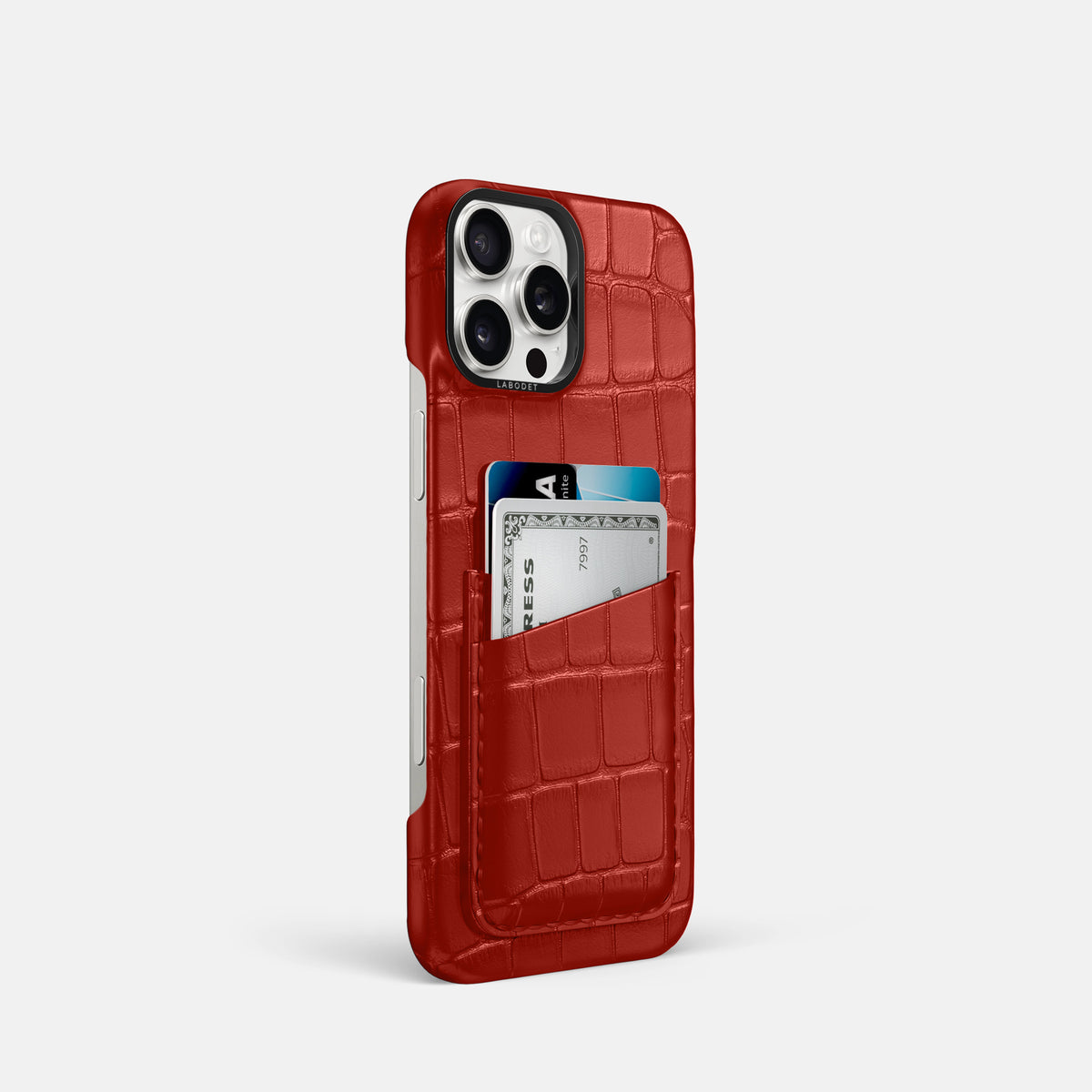 Red iPhone 16 Pro Card Case Alligator with Black Metal -2 | Red-Black