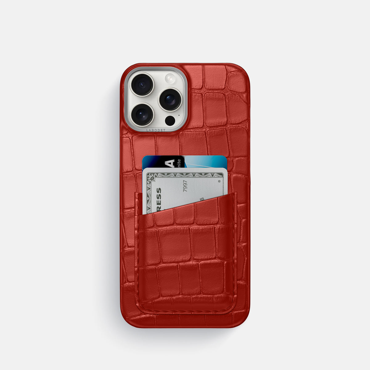 Red iPhone 16 Pro Card Case Alligator with Steel Metal -1 | Red-Steel