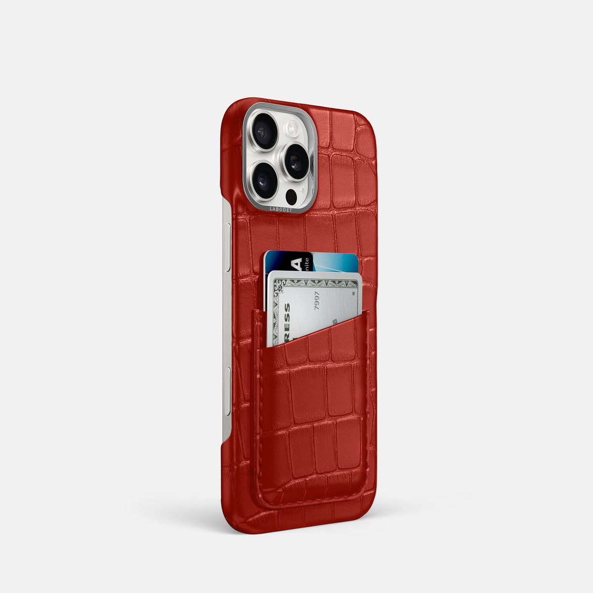 Red iPhone 16 Pro Card Case Alligator with Steel Metal -2 | Red-Steel