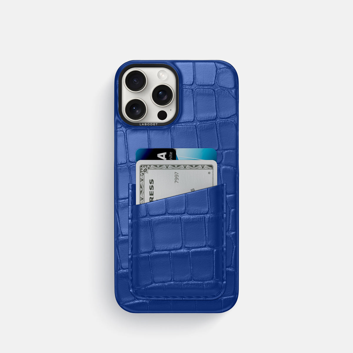 Royal Blue iPhone 16 Pro Card Case Alligator with Black Metal -1 | Royal-Blue-Black