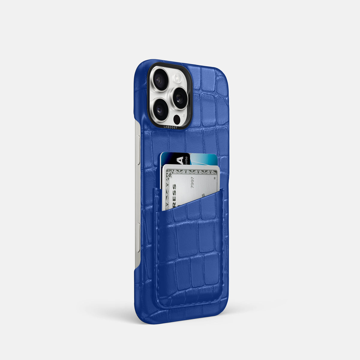 Royal Blue iPhone 16 Pro Card Case Alligator with Black Metal -2 | Royal-Blue-Black