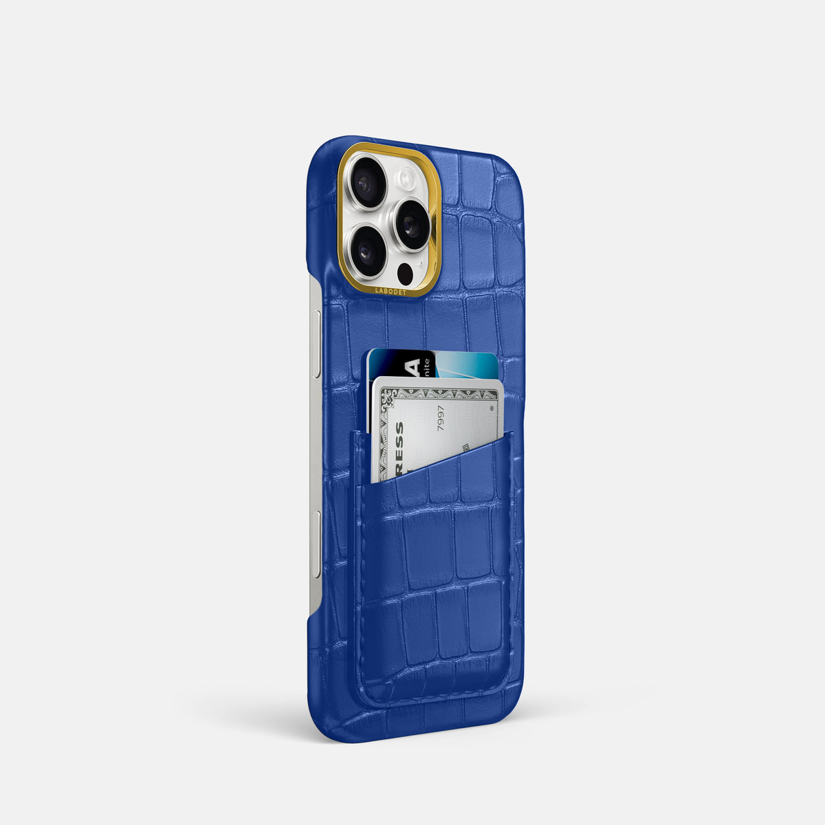 Royal Blue iPhone 16 Pro Double Card In Alligator with Gold Metal -2 | Royal-Blue-Gold