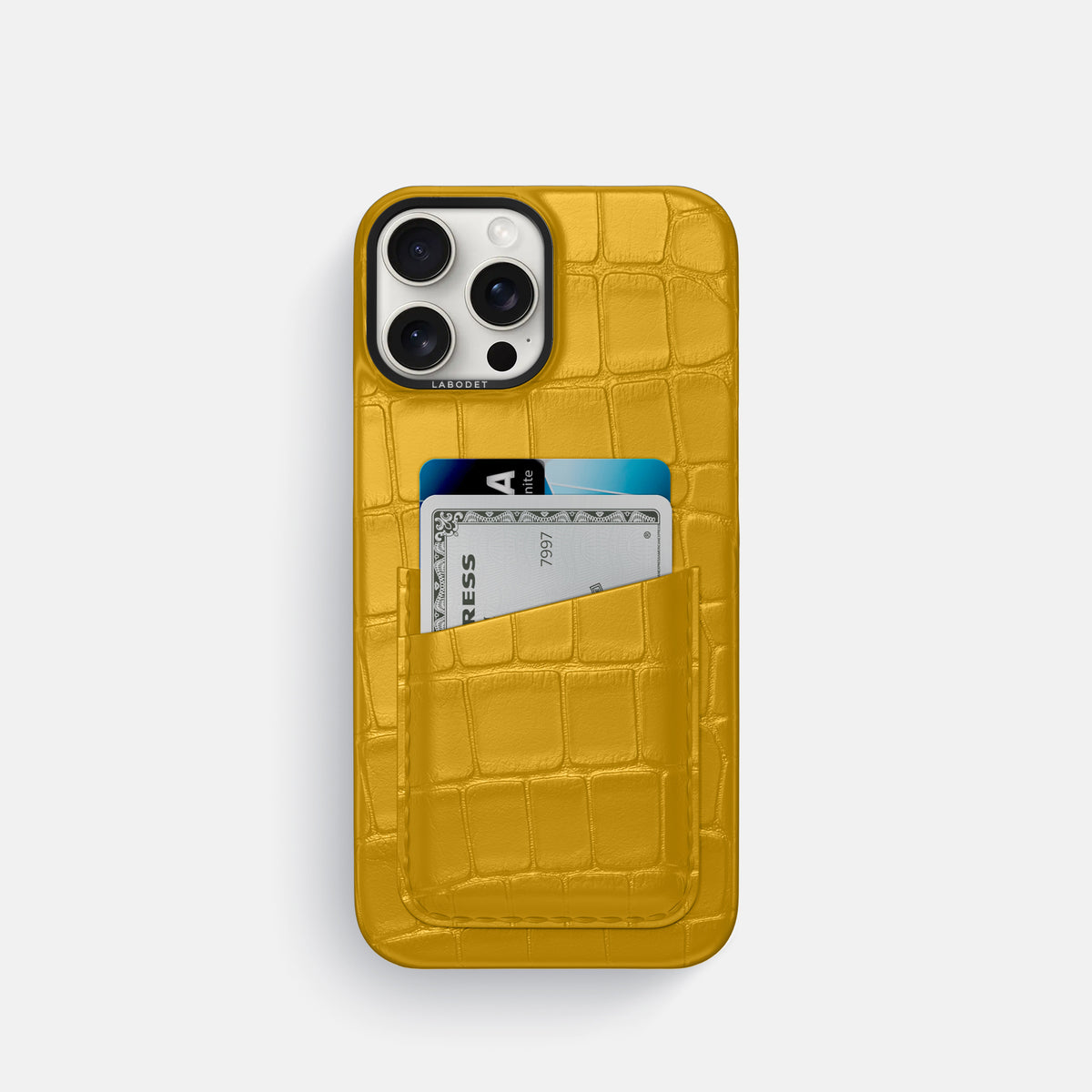 Yellow iPhone 16 Pro Card Case Alligator with Black Metal -1 | Yellow-Black