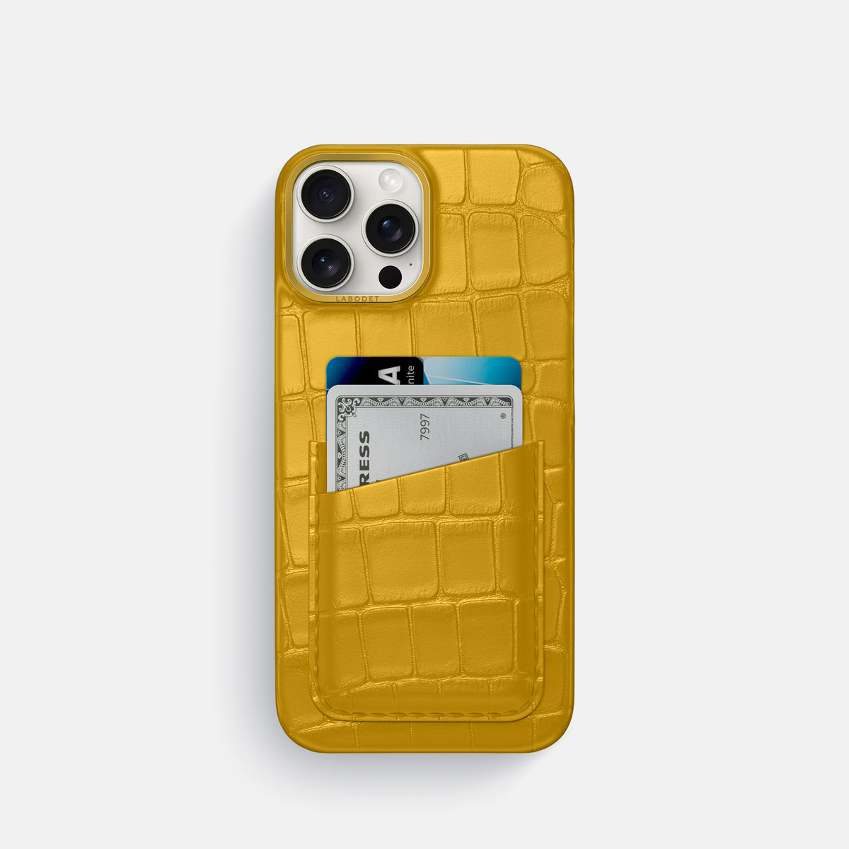 Yellow iPhone 16 Pro Double Card In Alligator with Gold Metal -1 | Yellow-Gold
