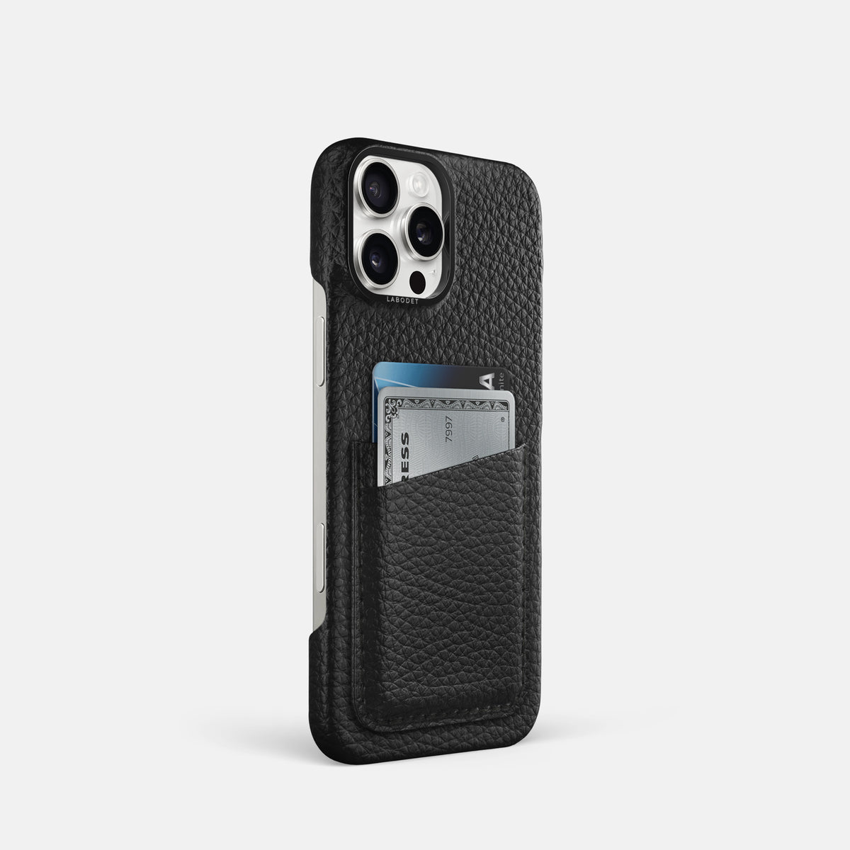 Black iPhone 16 Pro Card Case Calf with Black Metal -2 | Black-Black