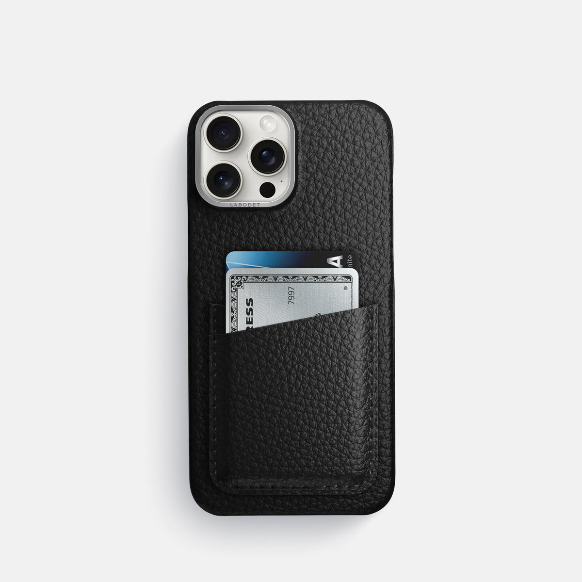 Black iPhone 16 Pro Card Case Calf with Steel Metal -1 | Black-Steel