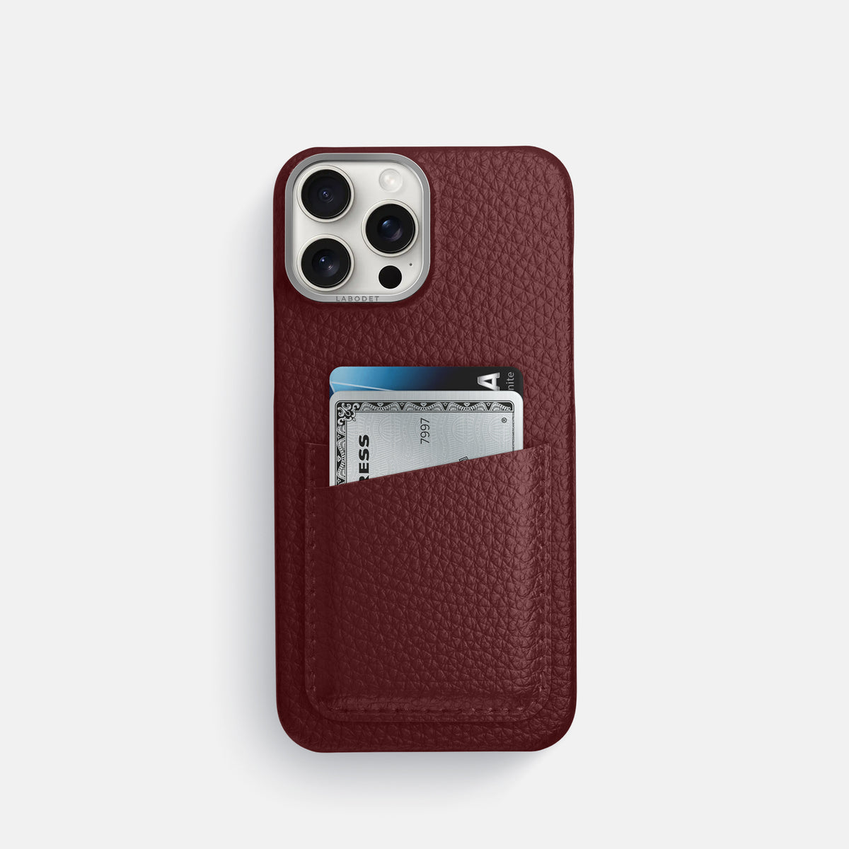 Bordeaux iPhone 16 Pro Card Case Calf with Steel Metal -1 | Bordeaux-Steel