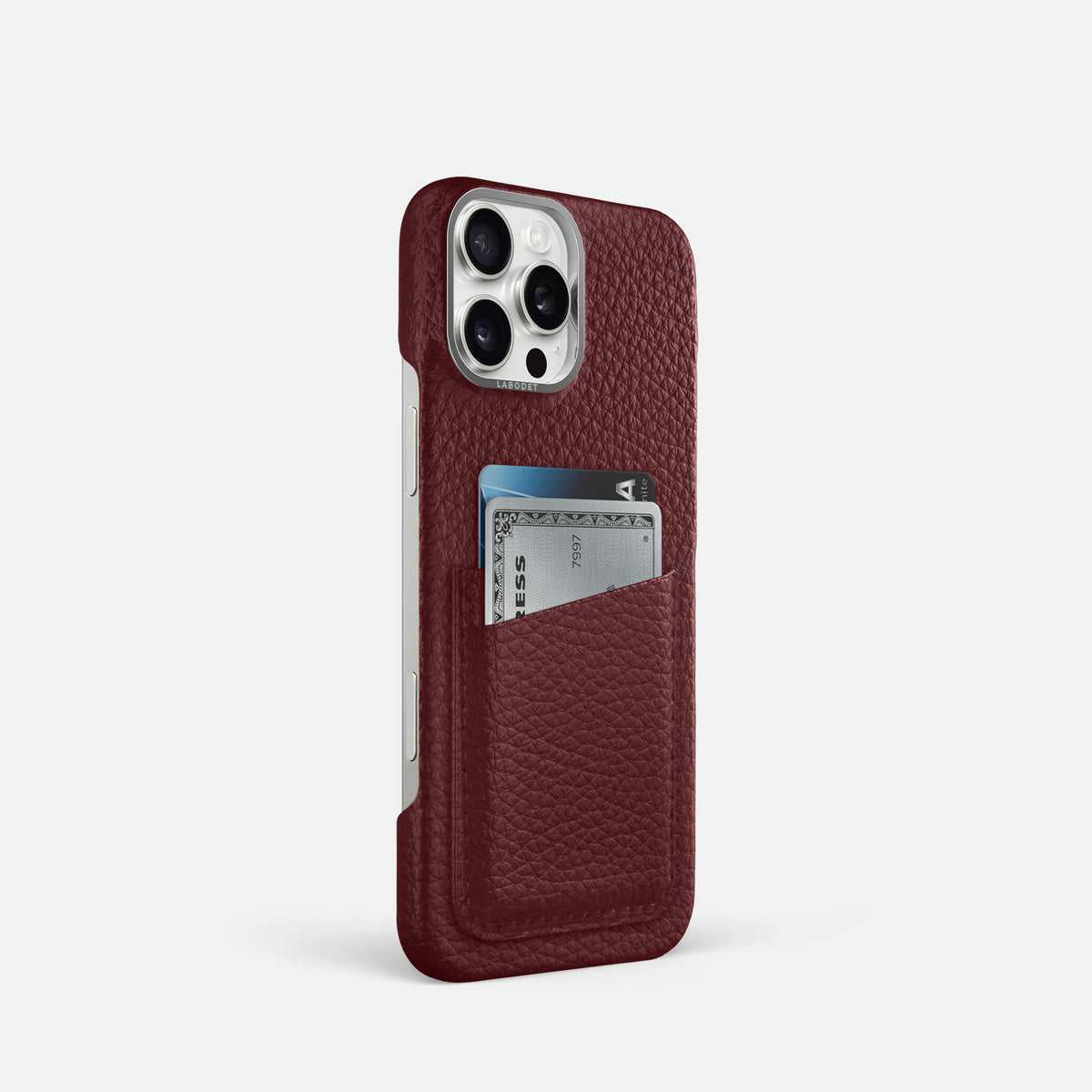 Bordeaux iPhone 16 Pro Card Case Calf with Steel Metal -2 | Bordeaux-Steel