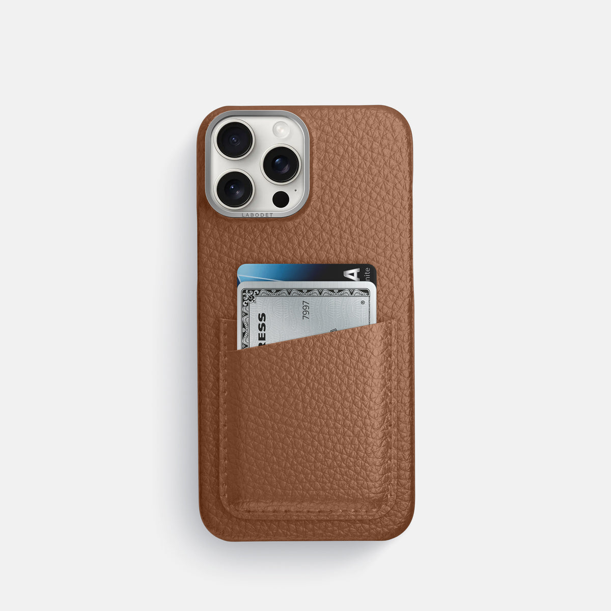 Caramel iPhone 16 Pro Card Case Calf with Steel Metal -1 | Caramel-Steel