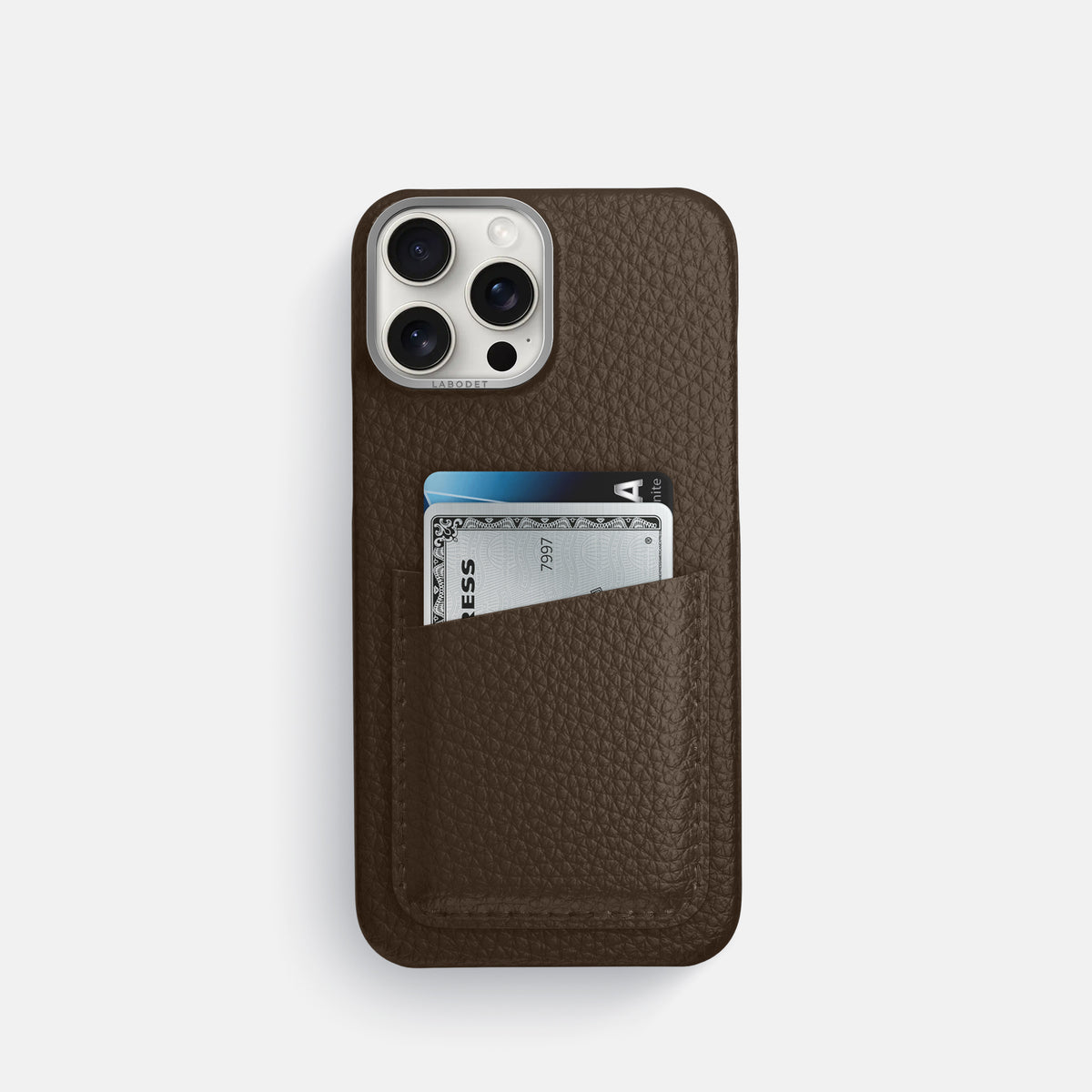 Dark Brown iPhone 16 Pro Card Case Calf with Steel Metal -1 | Dark-Brown-Steel