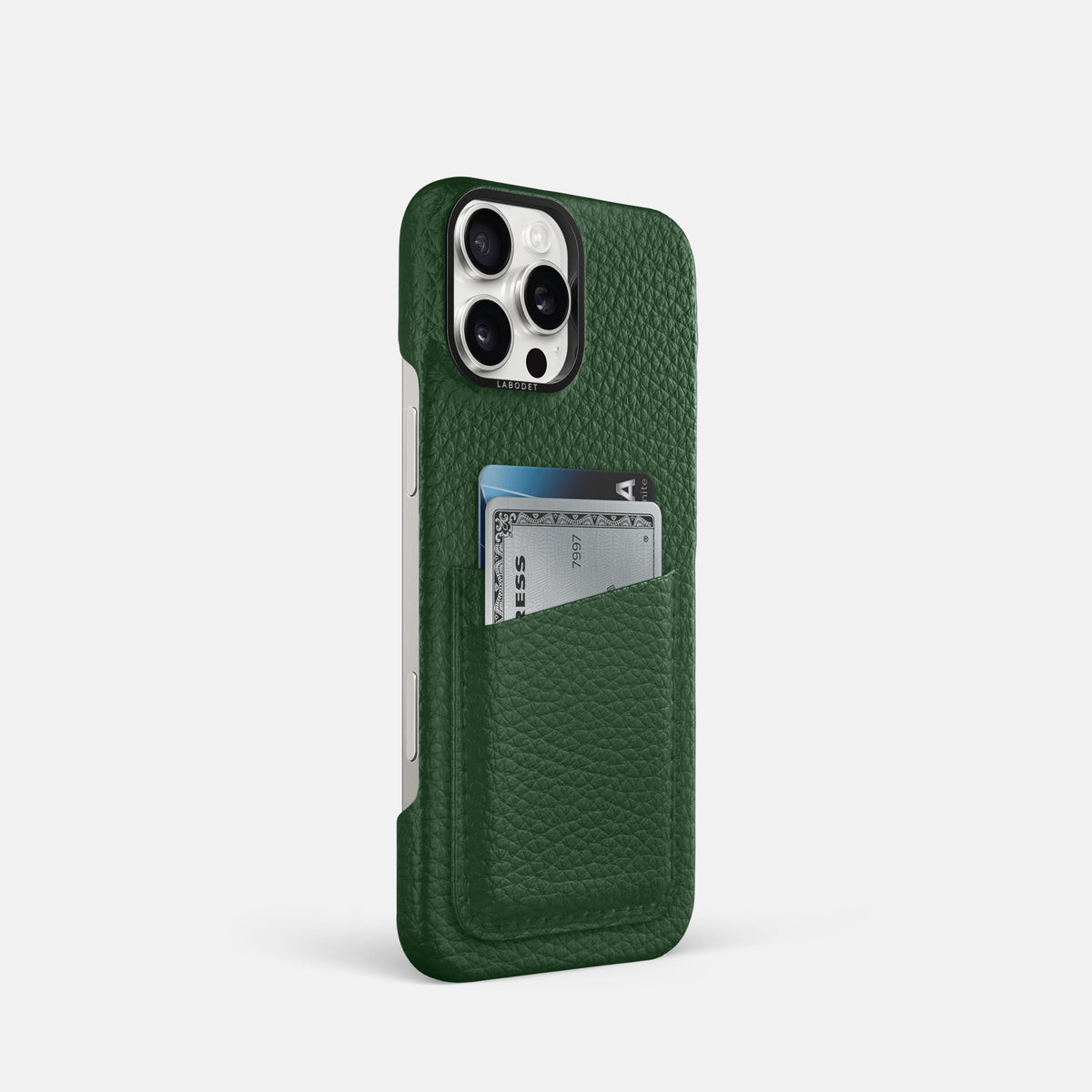 Dark Green iPhone 16 Pro Card Case Calf with Black Metal -2 | Dark-Green-Black