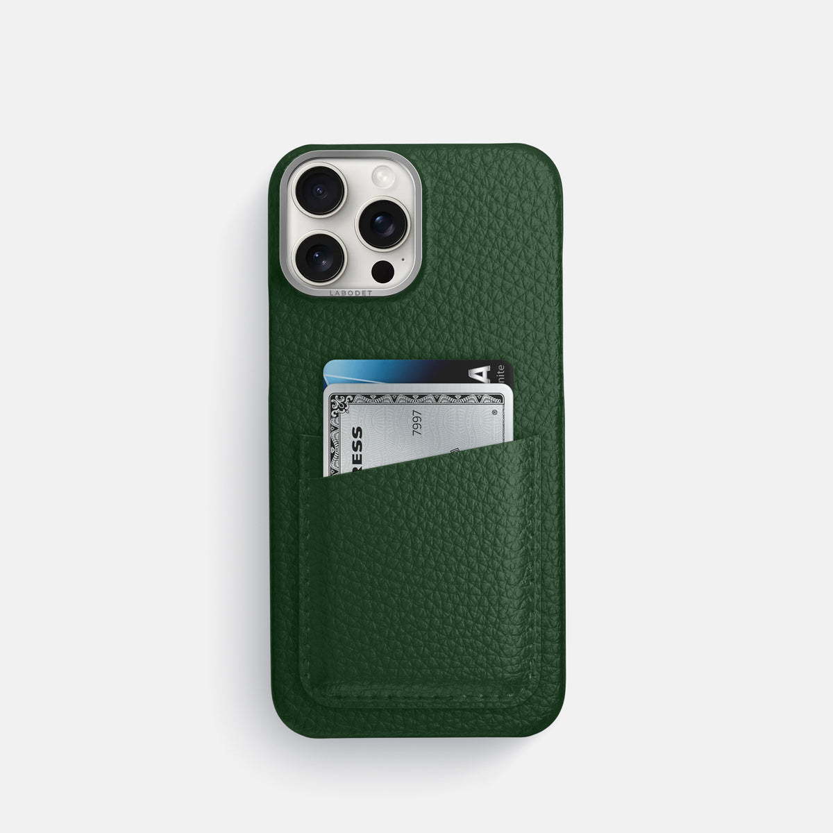 Dark Green iPhone 16 Pro Card Case Calf with Steel Metal -1 | Dark-Green-Steel