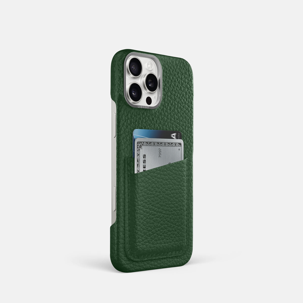 Dark Green iPhone 16 Pro Card Case Calf with Steel Metal -2 | Dark-Green-Steel