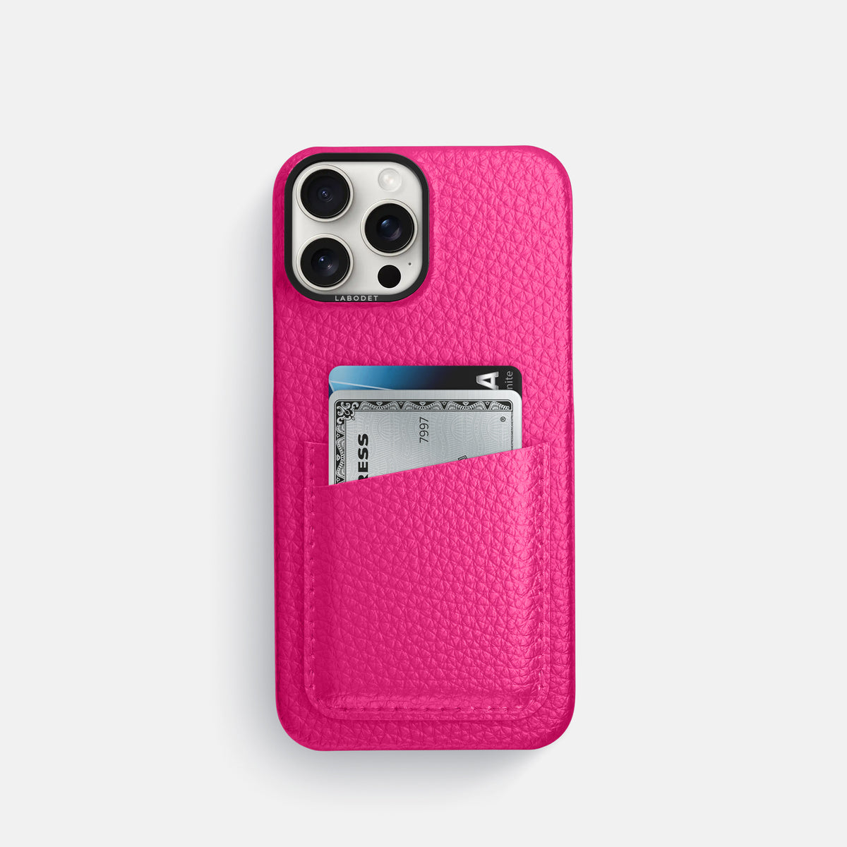Magenta iPhone 16 Pro Card Case Calf with Black Metal -1 | Magenta-Black