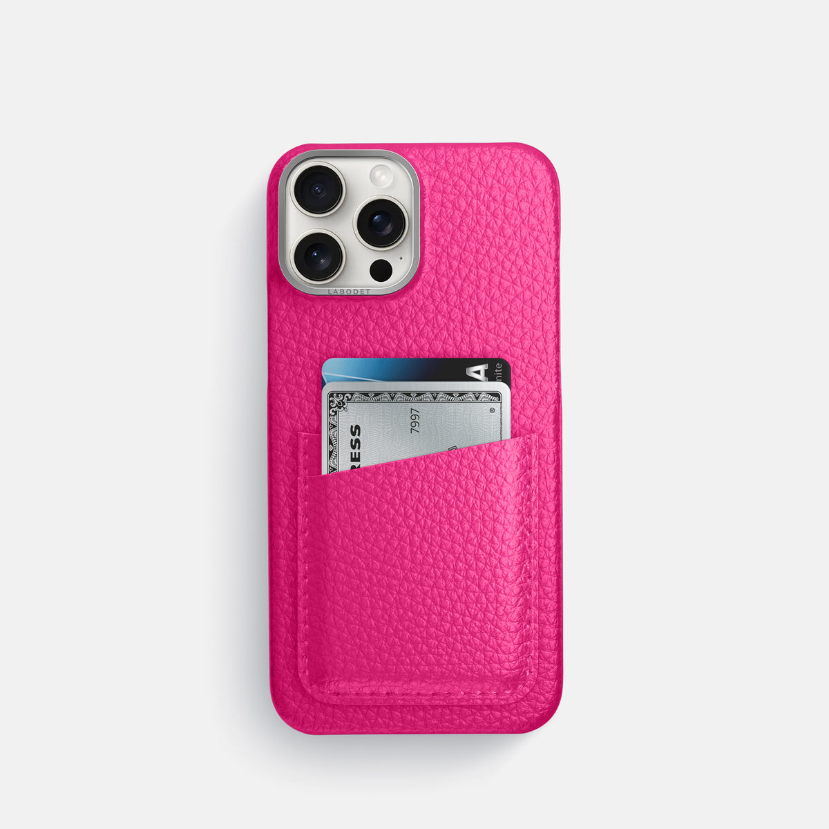 Magenta iPhone 16 Pro Card Case Calf with Steel Metal -1 | Magenta-Steel