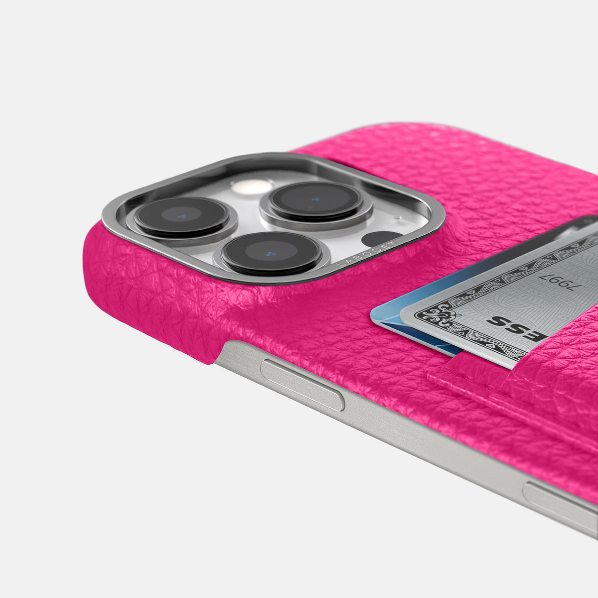 Magenta iPhone 16 Pro Card Case Calf with Steel Metal -5 | Magenta-Steel