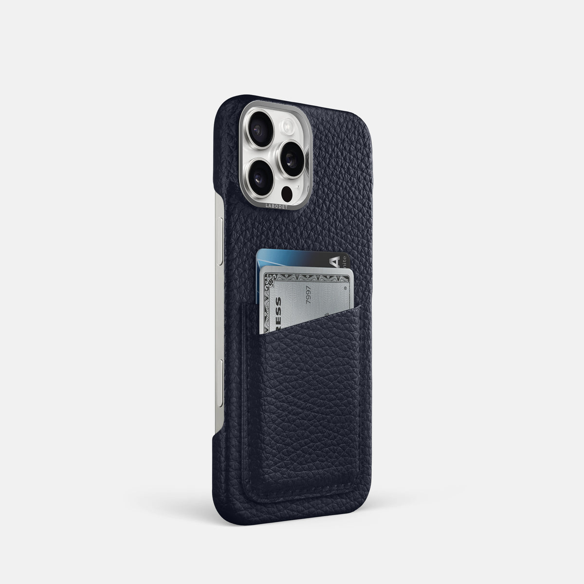 Marine iPhone 16 Pro Card Case Calf with Steel Metal -2 | Marine-Steel