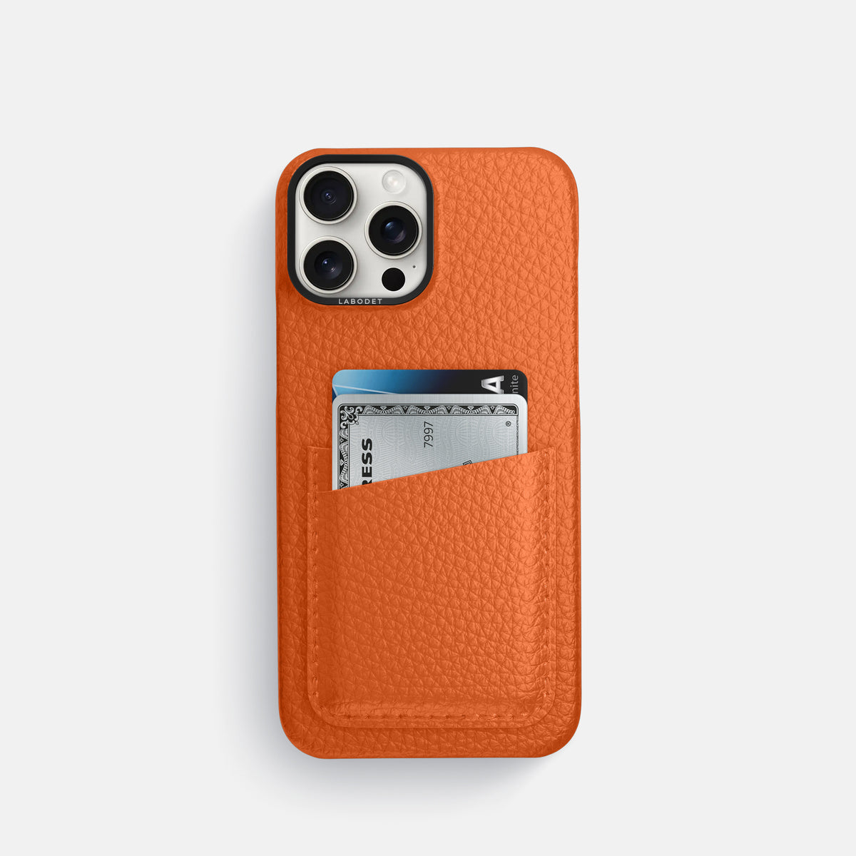 Orange iPhone 16 Pro Card Case Calf with Black Metal -1 | Orange-Black