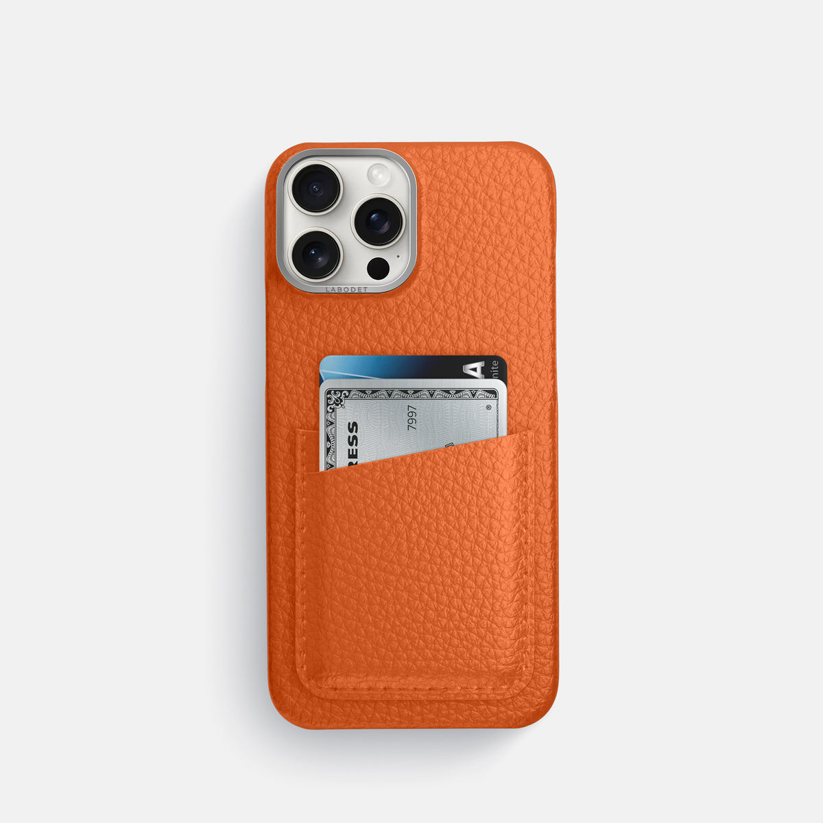 Orange iPhone 16 Pro Card Case Calf with Steel Metal -1 | Orange-Steel