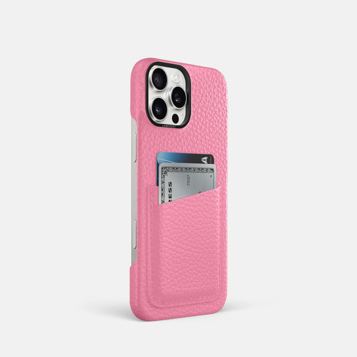 Pink iPhone 16 Pro Card Case Calf with Black Metal -2 | Pink-Black