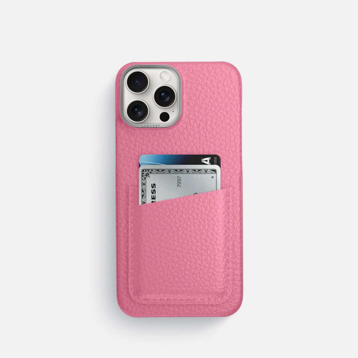 Pink iPhone 16 Pro Card Case Calf with Steel Metal -1 | Pink-Steel